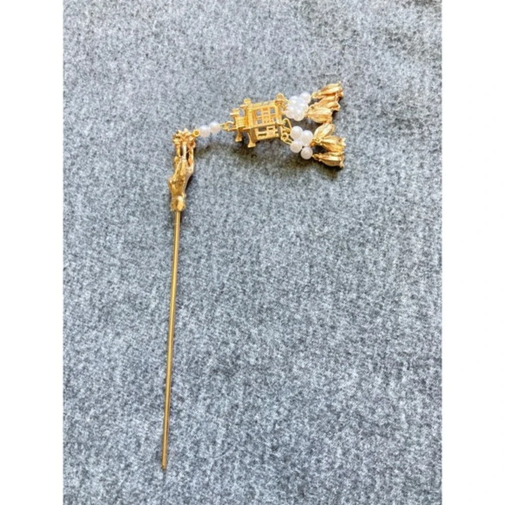 Pagoda Lantern Hair Stick Women OS Gold Excellent Dangle Pearl‎ Tassel Hanfu